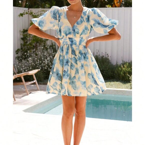 Blue Elegant Women's Floral V-Neck Gathered Waist Petal Sleeve A-Line Mini Dress - Picture 8 of 9